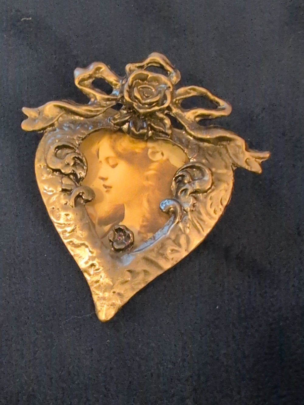 Vintage Silver Heart Frame Brooch with Rose Motif